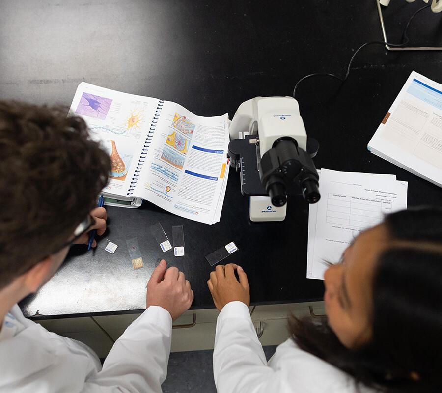 生物学学生在实验室里拿着一本打开的教科书，看着显微镜